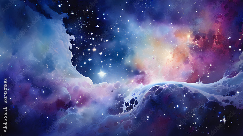 Naklejka premium Surreal space landscape. Twinkling stars and spiraling distant galaxies beyond the spectrum visible to the naked eye. Ultra-high resolution, admirable depth, and infinite space