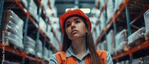 The beautiful female worker wearing a hardhat counts stock on a computer in a retail warehouse full of shelves containing goods. Commerce  Distribution  and Logistics.