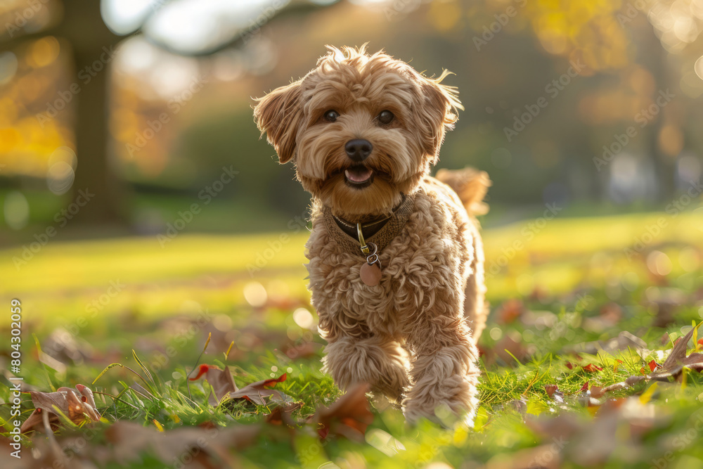 Small dog with collar walking in park. Dog on morning walk Small dog with collar walking in park. Dog on morning walk