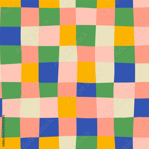 Colorful bright quirky Squares. Hand drawn Vector illustration. Abstract funky contemporary style. Square seamless pattern. Groovy checkered pattern. Background, wrapping paper, print template 
