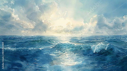 the beauty of the sea, a serene seascape painted delicately in watercolor, showcasing nature's tranquil allure photo