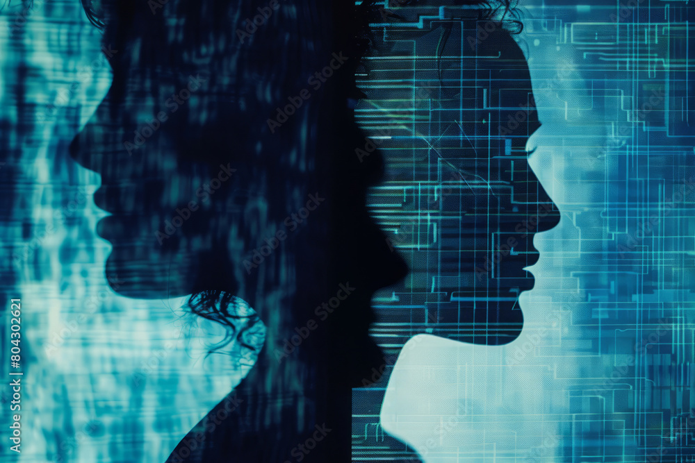 Silhouettes of human faces in cyberspace. Deepfake technology concept. Online identity verification. Digital copy of person on the web Silhouettes of human faces in cyberspace. Deepfake technology concept. Online identity verification. Digital copy of person on the web