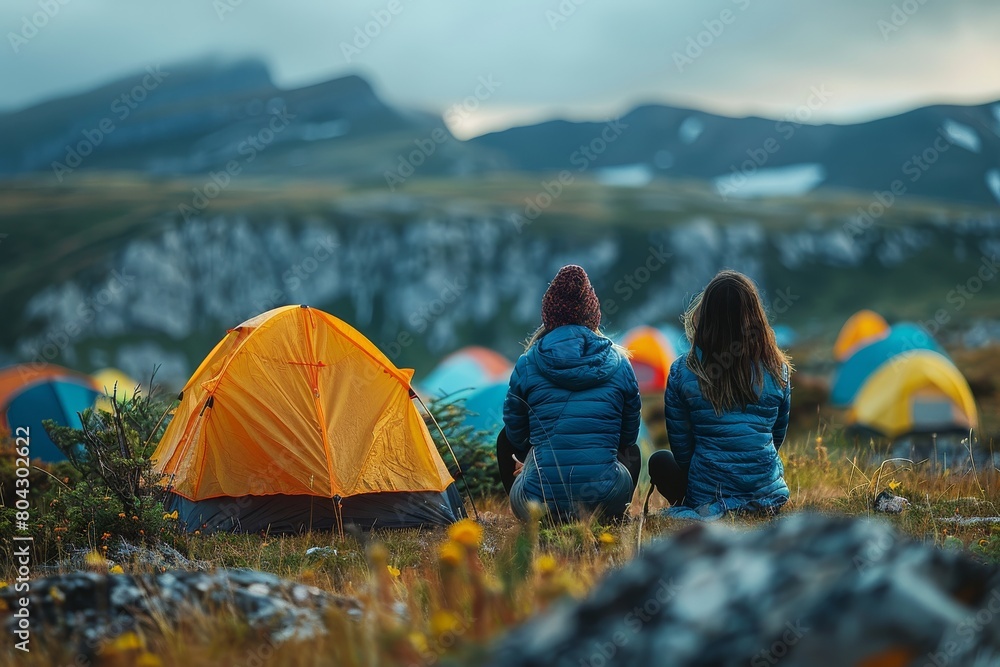 Fototapeta premium Two people in warm clothing sit beside a tent, gazing at a sunrise over a mountain range, offering a sense of adventure and companionship