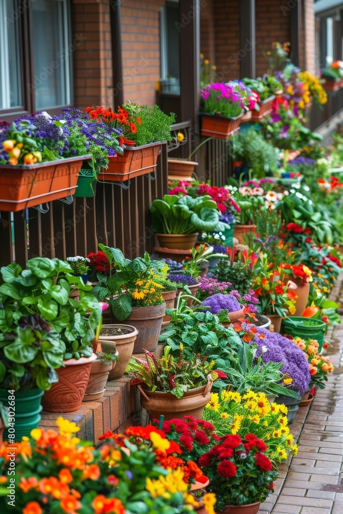 A line of colorful potted flowers neatly arranged along the edge of a paved sidewalk A line of colorful potted flowers neatly arranged along the edge of a paved sidewalk