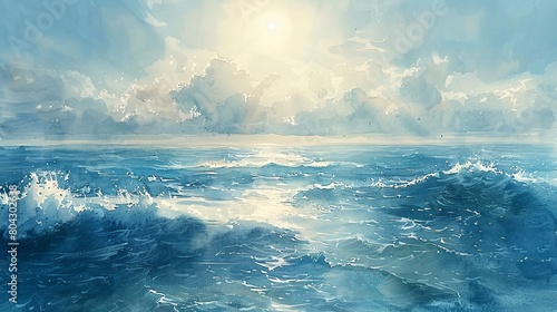 the beauty of the sea, a serene seascape painted delicately in watercolor, showcasing nature's tranquil allure © growth.ai