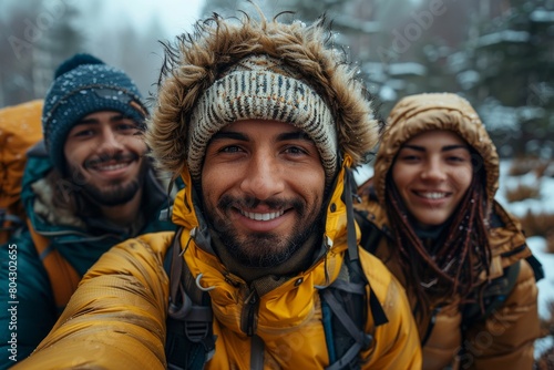 Energetic group of friends take a winter selfie, clad in colorful outdoor gear in a snowy forest