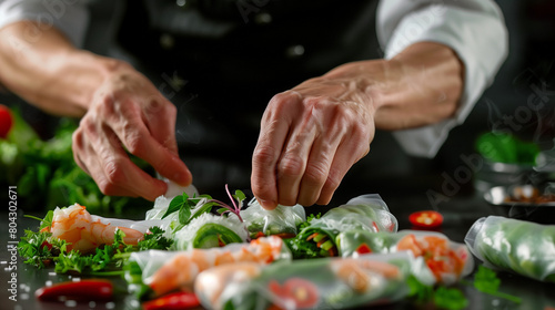 Chef s Hands Rolling Fresh Vietnamese Spring Rolls. Generative AI.