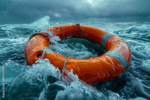 An orange life preserver buoyantly floats in the vast ocean waters under the clear blue sky photo