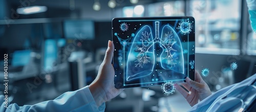 Doctor holds and diagnoses virtual human lung where virus is spreading On the modern interface screen, innovation and medical technology