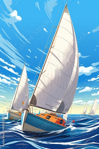 A lively regatta race with sailboats competing for the finish line