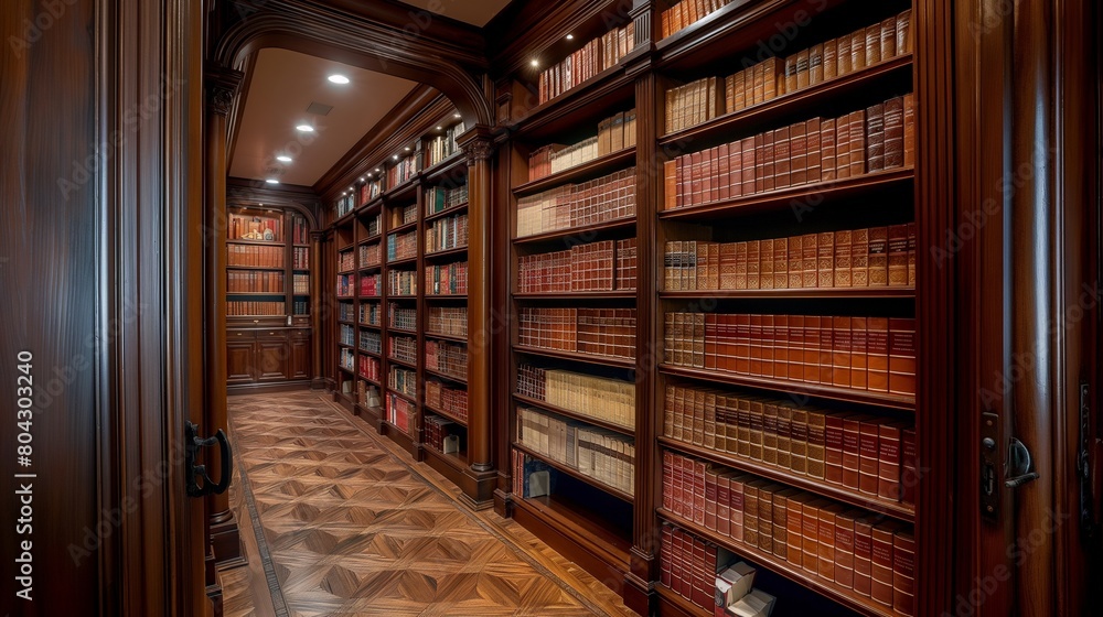 A panoramic shot of a sophisticated home library, its shelves filled with leather-bound books, set against a backdrop of rich, 