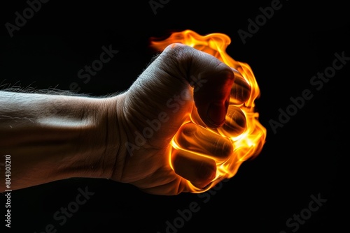Man's flaming fist on a black background, showing anger and strength. © AIExplosion