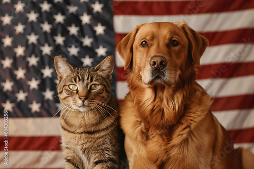 dog and cat sitting together in front of an American flag. Memorial day 4 july, Labor day party event