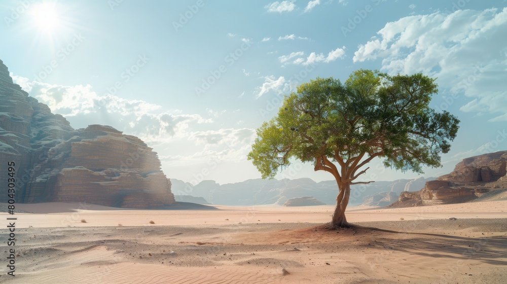 Single tree in the middle of desertic plain of Wadi Rum, Jordan