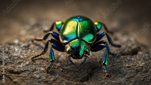 A mesmerizingly detailed beetle, its shell shining with brilliant hues of emerald and gold, its delicate wings shimmering in the sunlight with defocused background.