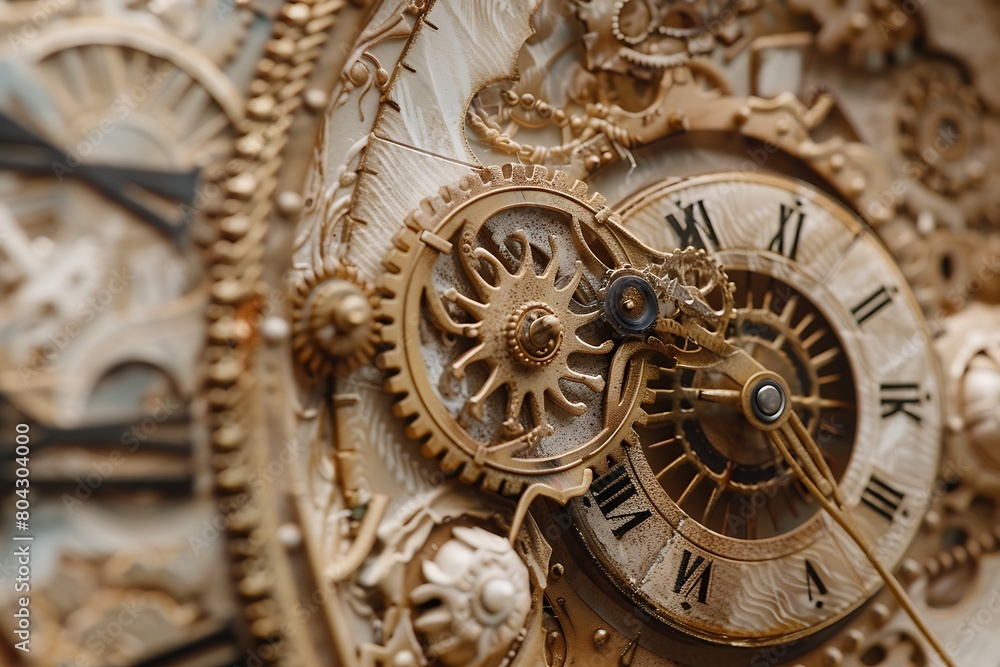 Antique clock featuring intricately detailed gears and cogs crafted from textured paper.
