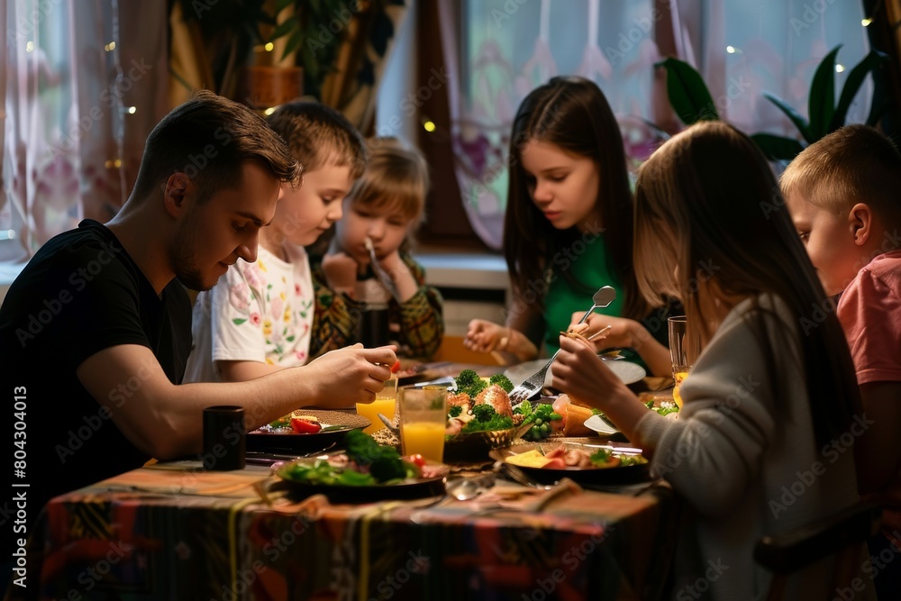 Happy family having dinner at table in home