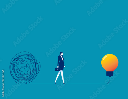 Investor walking away from mess chaos line to simple lightbulb ideaDiscover easy way to understand vector concept