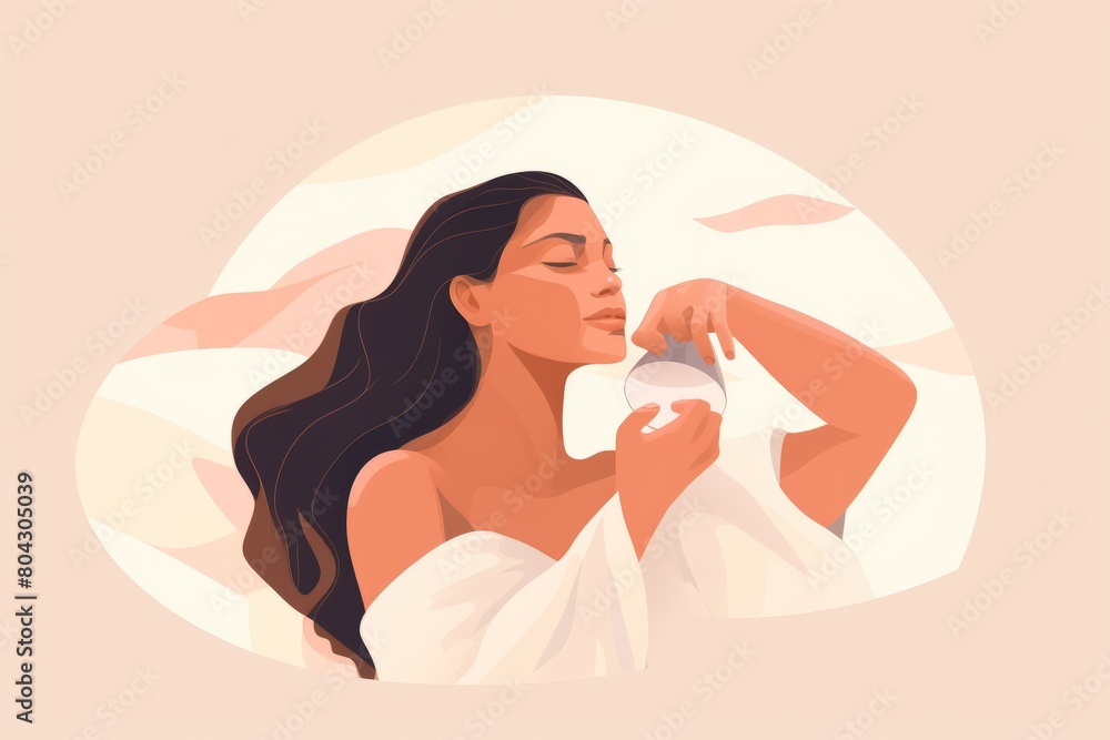 A woman in a white towel is sitting and brushing her hair, focusing on grooming and self-care routine