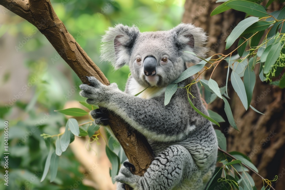 Fototapeta premium Koala Sitting on Tree Branch Eating Leaves