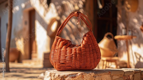 a terracotta-colored shoulder bag with woven textures, harmonizing with the warm tones of a contemporary outdoor market.