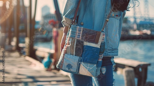  a denim-inspired crossbody bag with patchwork details, complementing the casual elegance of a waterfront promenade.