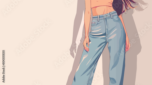 Young woman in stylish jeans pants near white wall Vector