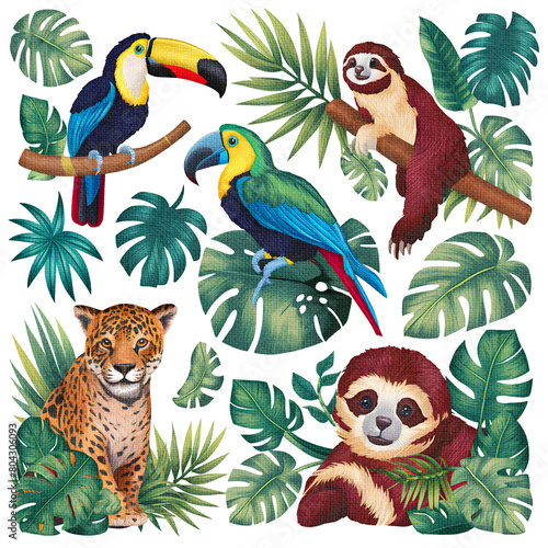 Tropical animals with embroidery effect and texture (ID: 804306093)