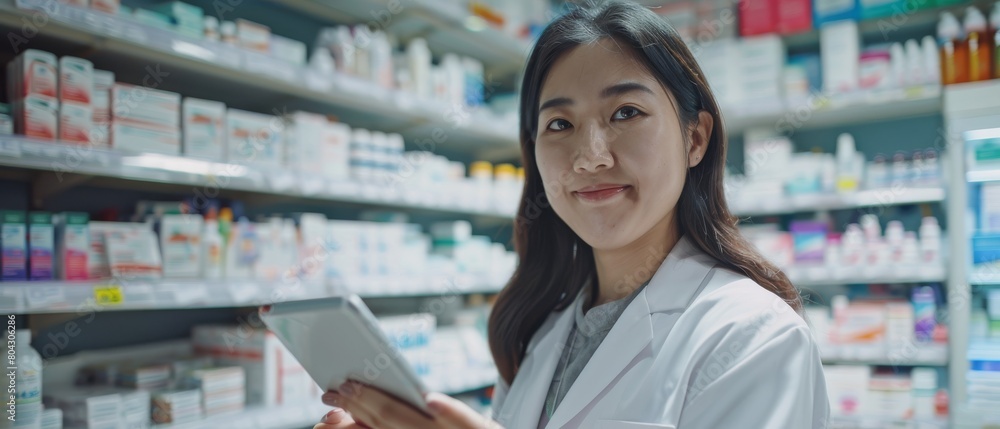 Physiatrist: Portrait of a beautiful Asian female pharmacist using a tablet computer, smiling charmingly, with her shelves full of medicine packages behind her. Medium Close-Up.
