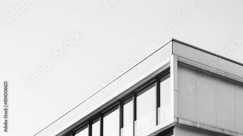 This black and white photo of minimalist architecture is a stunning depiction of simplicity and elegance. The building's clean lines and geometric shapes are perfectly captured in the crisp tones.