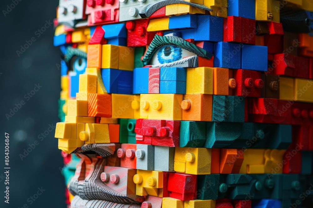 A human face made of building blocks.