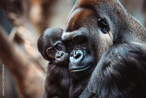 A gentle gorilla mother cradling her baby close.
