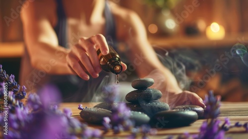 A woman pouring lavender oil onto hot stones in a sauna creating a relaxing and theutic aroma for her menopause management session.. photo
