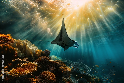 A graceful manta ray gliding through a crystal clear coral reef sunlight filtering through the water. photo