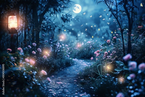 A magical scene of a moonlit garden with fireflies dancing among glowing flowers and pathways lit by lanterns. © Michael