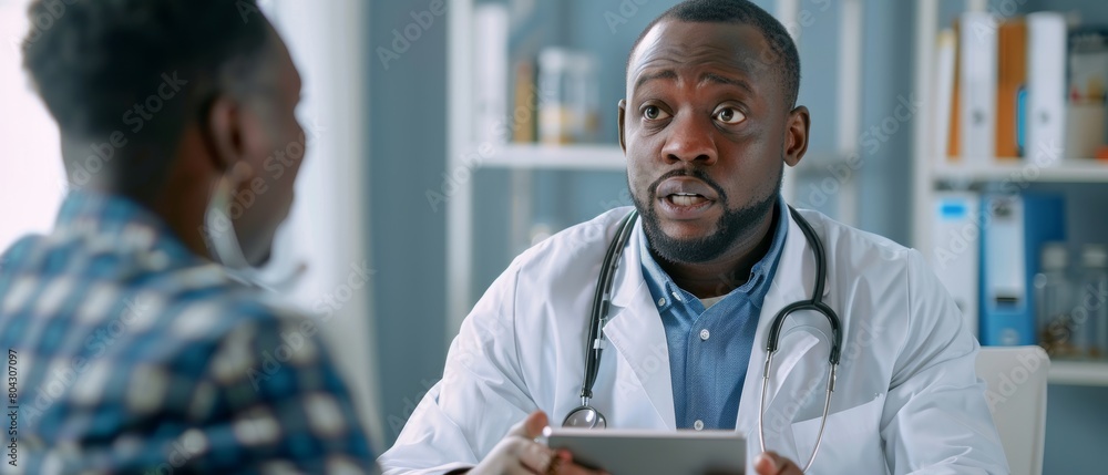 Using tablet computer, African American physician discusses test results, prescription medicine, patient treatment with professional male nurse. Using tablet computer, African American physician discusses test results, prescription medicine, patient treatment with professional male nurse.