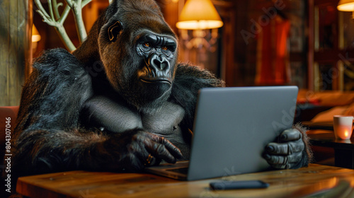 Image of a gorilla at a laptop in a trendy café.