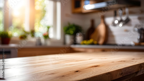 Wooden deck cutting board on kitchen blur background