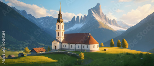 Beautiful panoramic landscape with church in the mountains © Rat Art