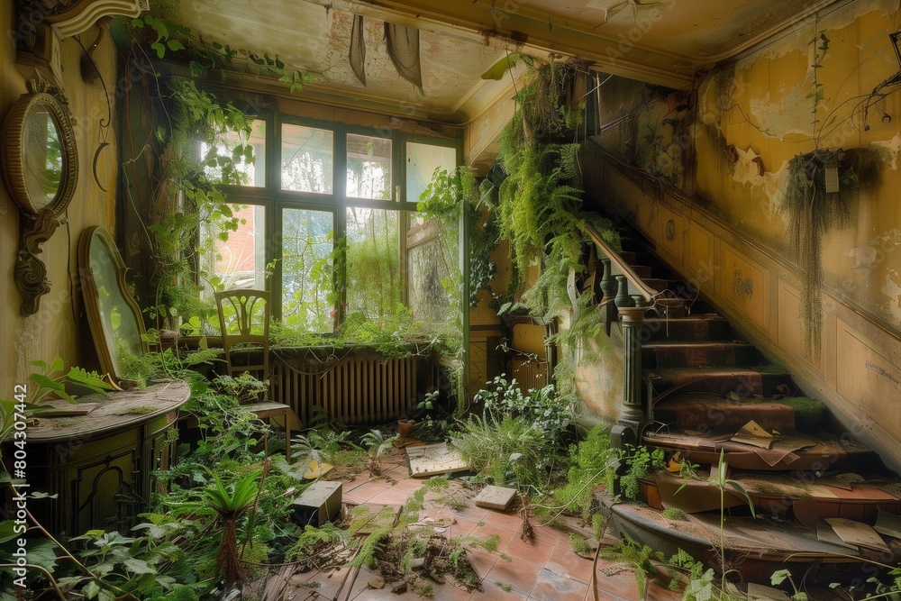 the house inside is overgrown with grass