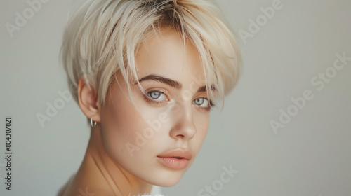 Beautiful young woman with short blonde hair posing on gray background,