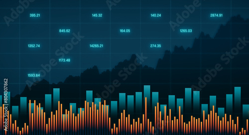 Bar graph, chart and data, abstract stock market and exchange concept. Business, financial figures, investment, research, tading and analyzing. photo
