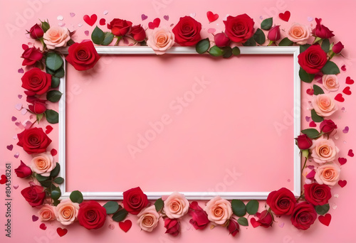 A white frame made of pink rose petals with small red hearts scattered around on a pink background © Iqra