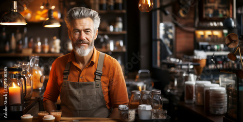 Confident senior male barista with gray hair and beard wearing an apron in a cozy cafe environment with warm lighting. Generative AI