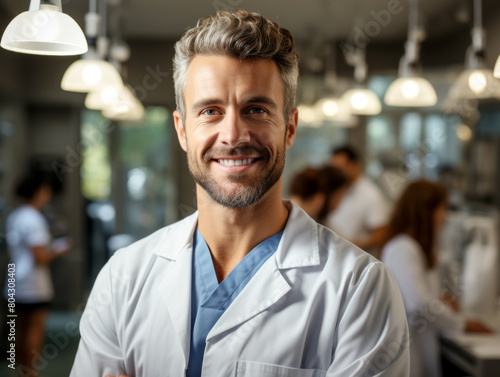 A professional-looking male doctor with grey hair smiles confidently in a well-lit clinical setting. Generative AI