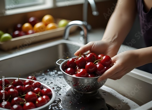 Woman hands washing cherries in colander in kitchen sink.
