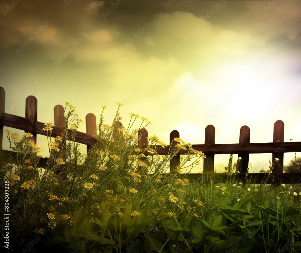 Obraz premium Warm Golden Sunset Over Rustic Wooden Fence and Wildflowers Field