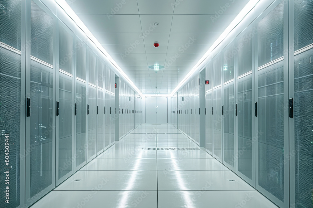 Network servers standing in a row inside a data center.Computer server room. Network servers standing in a row inside a data center.Computer server room.