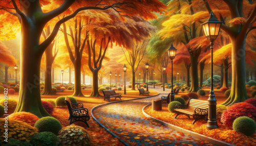 An autumn park path with benches and street lamps, trees with colorful foliage, fantasy style, serene background, concept of tranquility. Generative AI