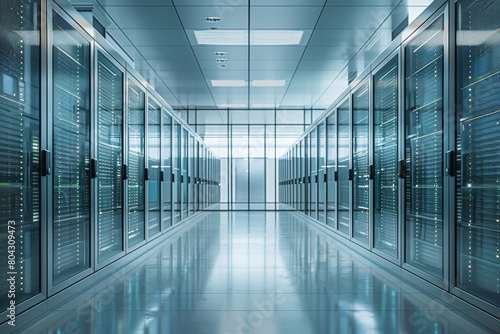 Network servers standing in a row inside a data center.Computer server room.